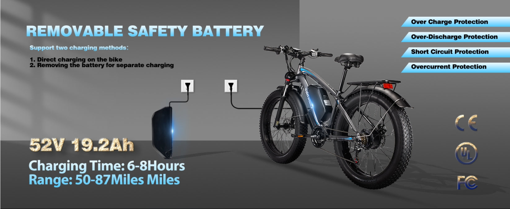 Q9 34MPH Bicycles Electric 19.2AH 998.4WH Removable Battery & 87Miles 26''X4'' Electric Bike - qianchice  ebike