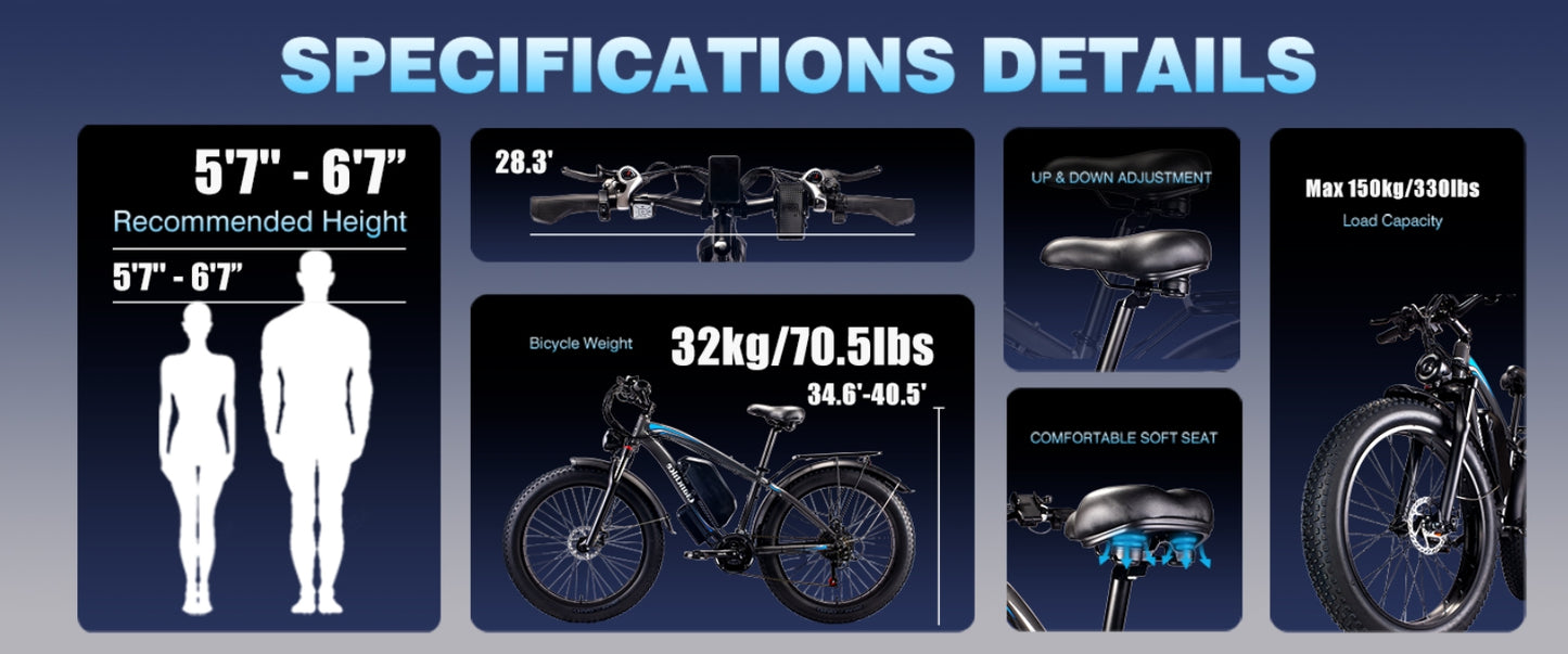 Q9 34MPH Bicycles Electric 19.2AH 998.4WH Removable Battery & 87Miles 26''X4'' Electric Bike - qianchice  ebike