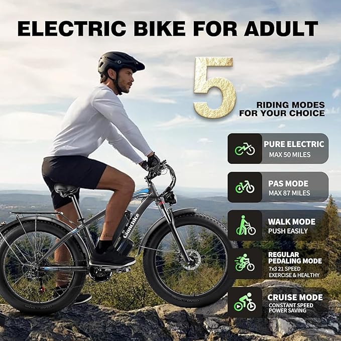 Q9 34MPH Bicycles Electric 19.2AH 998.4WH Removable Battery & 87Miles 26''X4'' Electric Bike - qianchice  ebike